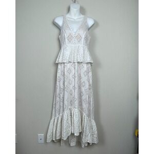 BCBG Max Azria XS Ivory Eyelet‎ Peplum Maxi Dress Coquette Fairy Milkmaid